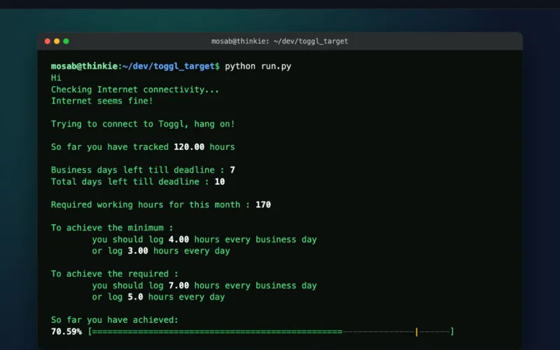 Toggl Target in a terminal: hours tracked, and hours still needed each day
