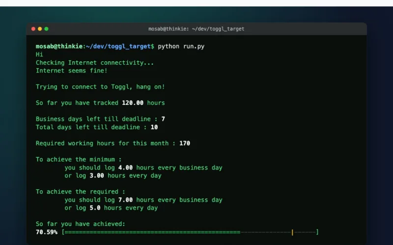 Toggl Target in a terminal: hours tracked, and hours still needed each day
